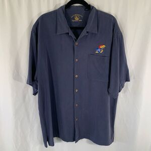 KU Jayhawks Silk Shirt Men's XL Blue Grey Button Up Short Sleeve Eagle Dry Goods